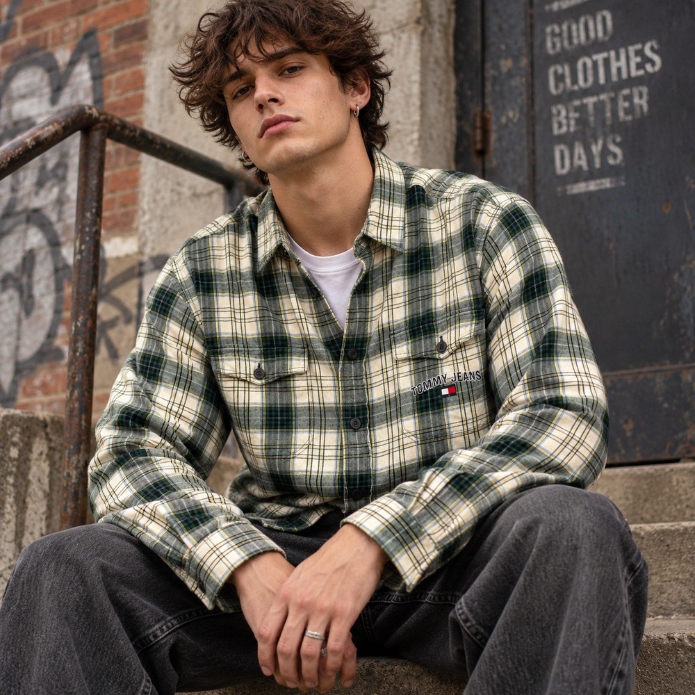 Vintage Y2K Tommy Hilfiger Mens Plaid Flannel Shirt Sz L Spell Out 2002 Grunge